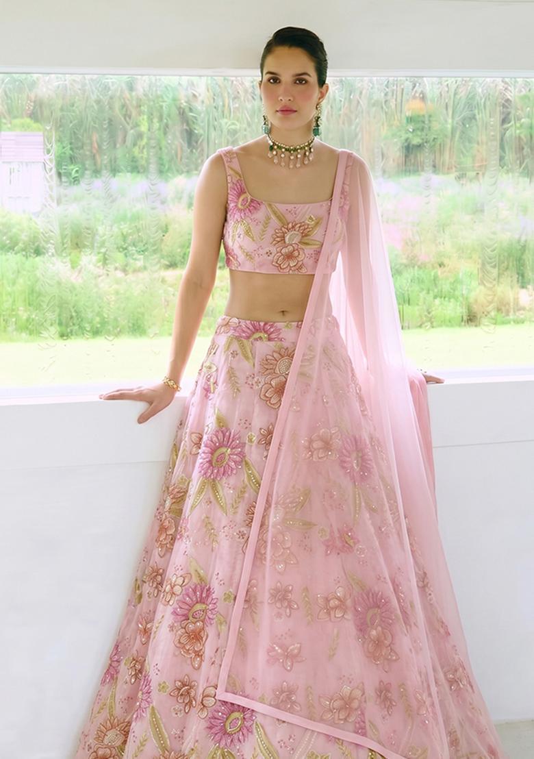 Pink Net Embroidered Lehenga Set - Indya