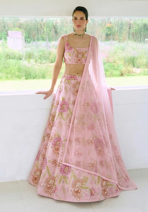 Beige Net Embroidered Lehenga Set