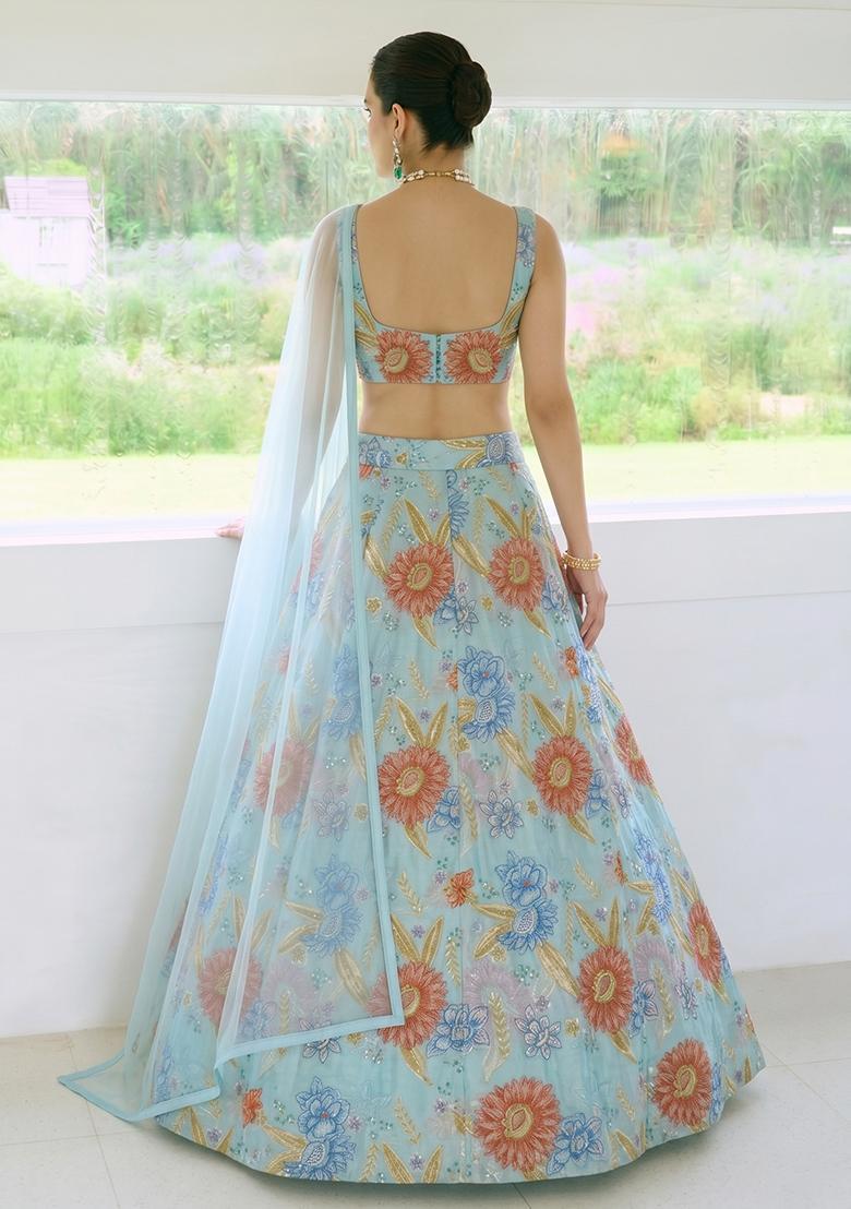 Blue Embroidered Organza Lehenga Set - Indya