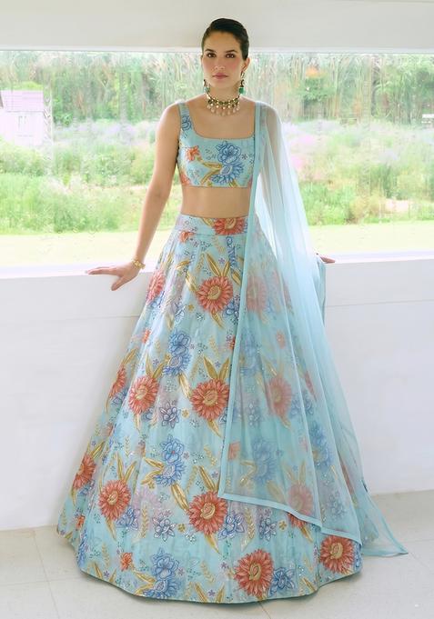 Blue Silk Blend Embroidered Lehenga Set