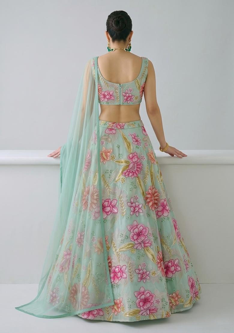 Light Blue Embroidered Organza Lehenga Set - Indya