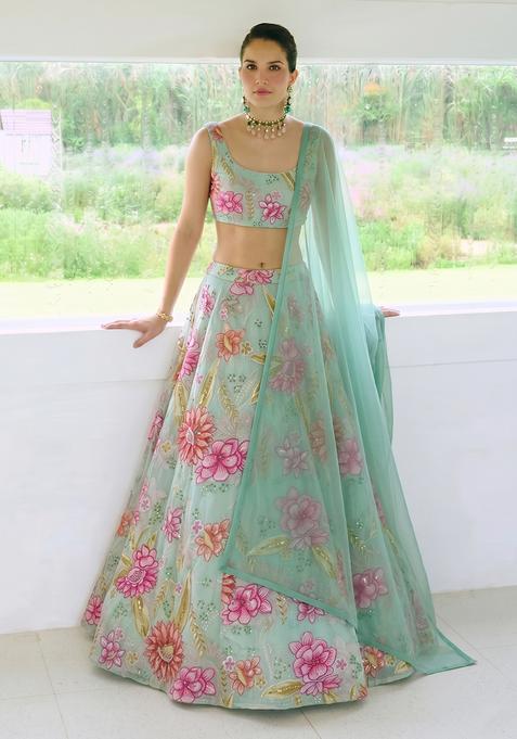 Teal Organza Embroidered Lehenga Set