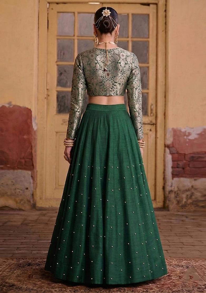 Emerald Green Brocade Lehenga Set - Indya