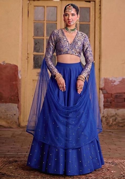 Cobalt Blue Brocade Lehenga Set