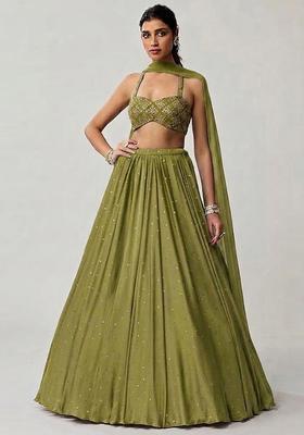Green Embroidered Crepe Lehenga Set
