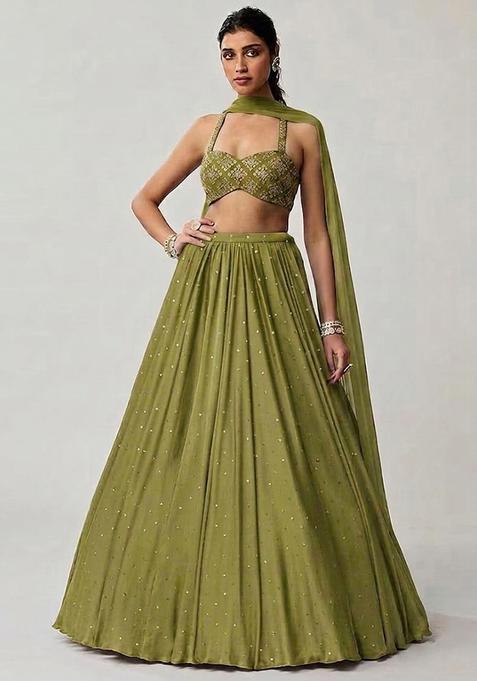 Green Embroidered Crepe Lehenga Set