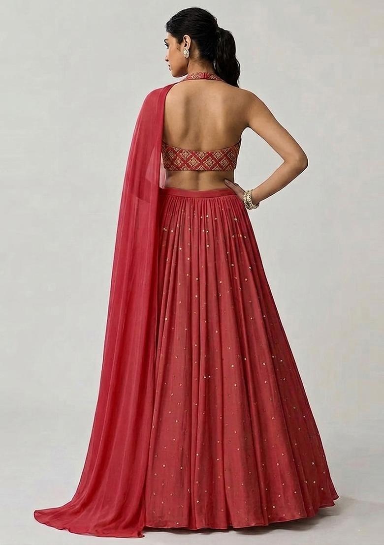 Rust Red Embroidered Crepe Lehenga Set - Indya