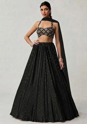 Black Embroidered Crepe Lehenga Set
