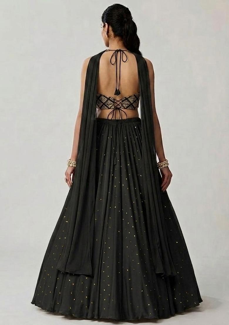 Black Embroidered Crepe Lehenga Set - Indya