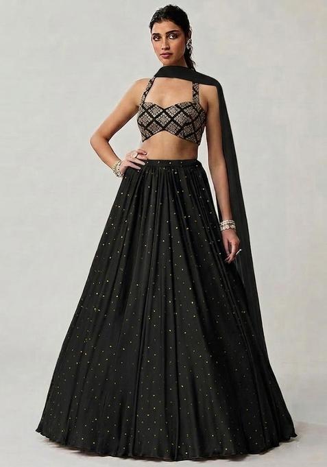 Off White Embroidered Crepe Lehenga Set