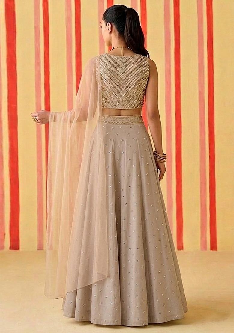 Nude Sequin Silk Blend Lehenga Set - Indya