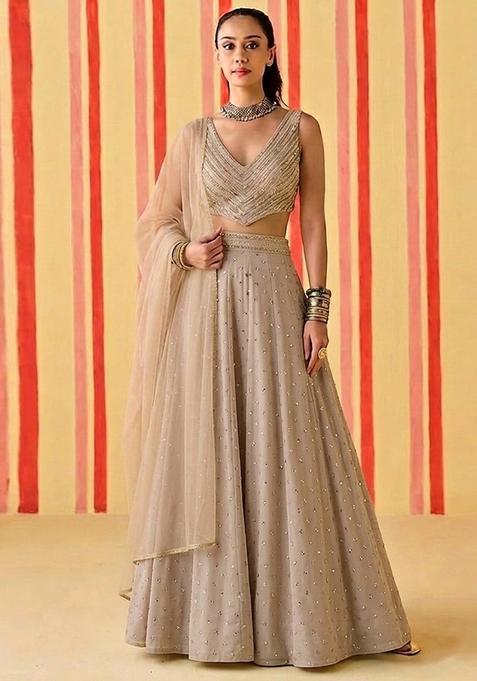 Nude Sequin Silk Lehenga Set