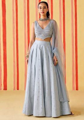 Silver Blue Sequin Silk Blend Lehenga Set