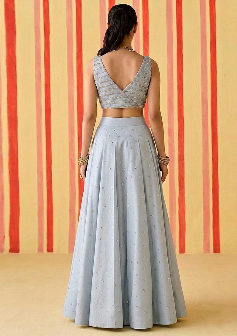 Silver Blue Sequin Silk Blend Lehenga Set - Indya