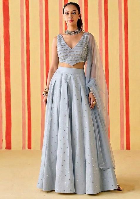 Powder Blue Sequin Silk Lehenga Set