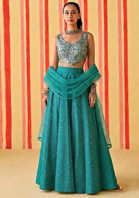 Teal Green Brocade Lehenga Set