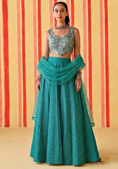 Teal Green Brocade Lehenga Set