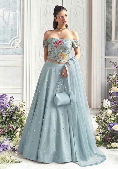 Powder Blue Embroidered Organza Lehenga Set