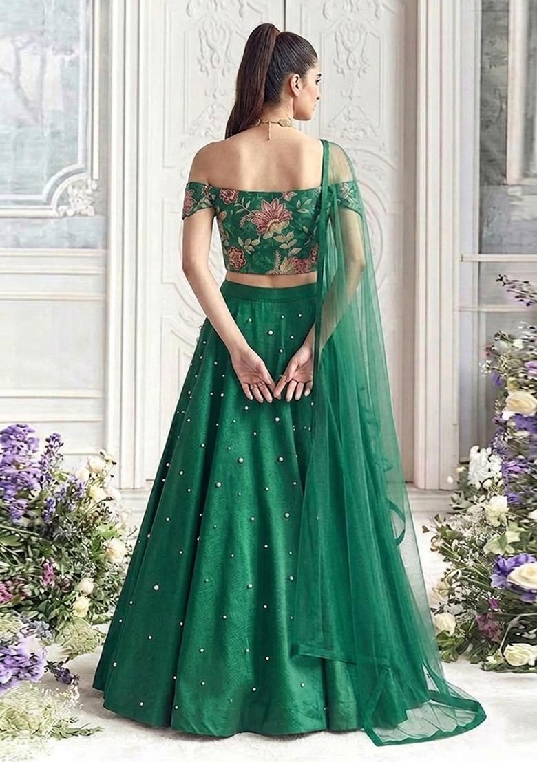 Dark Green Embroidered Organza Lehenga Set - Indya