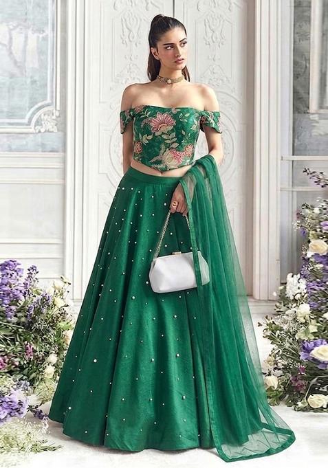 Dark Green Embroidered Organza Lehenga Set