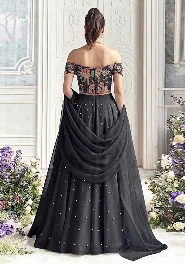 Black Embroidered Organza Lehenga Set - Indya