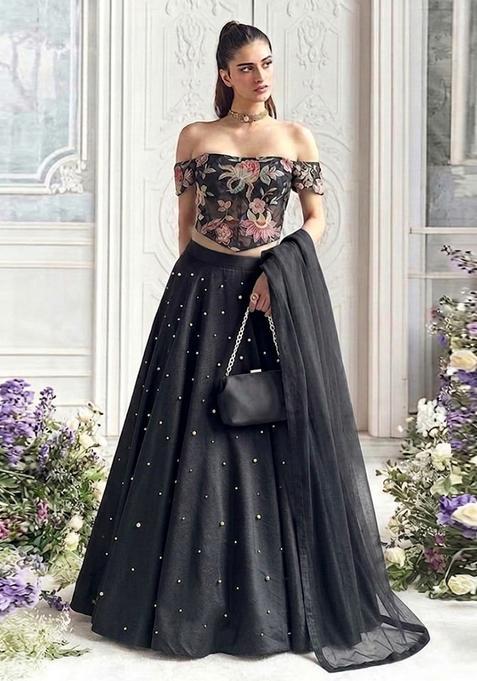 Black Embroidered Organza Lehenga Set