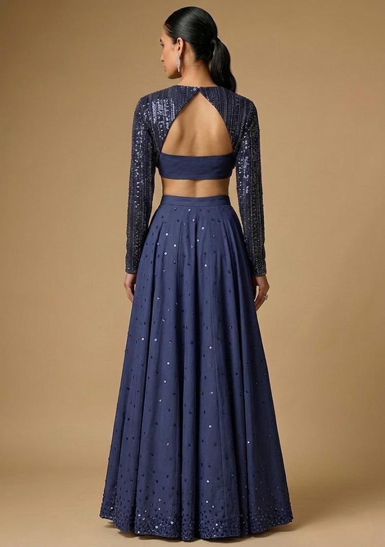 Dark Blue Sequin Net Lehenga Set - Indya