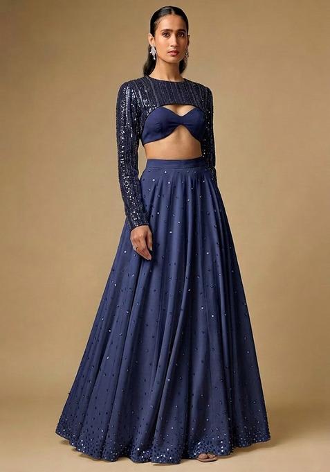 Dark Blue Sequin Net Lehenga Set