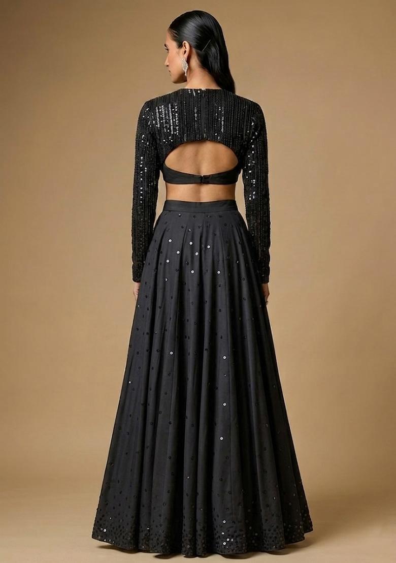 Black Sequin Net Lehenga Set - Indya