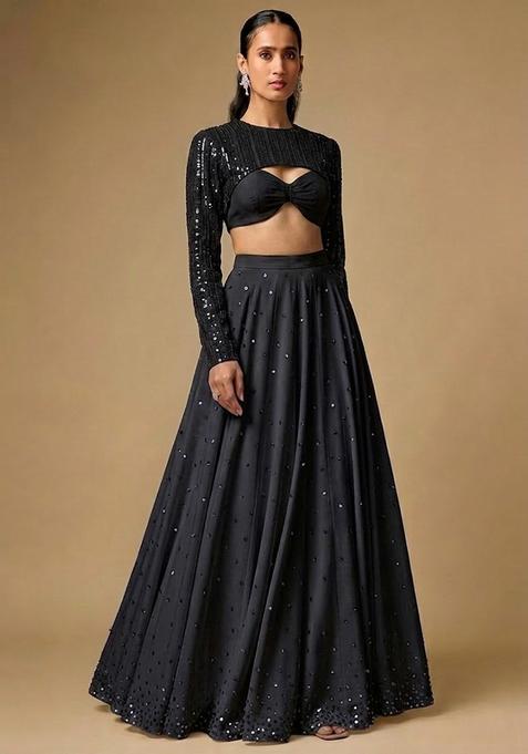 Black Sequin Net Lehenga Set