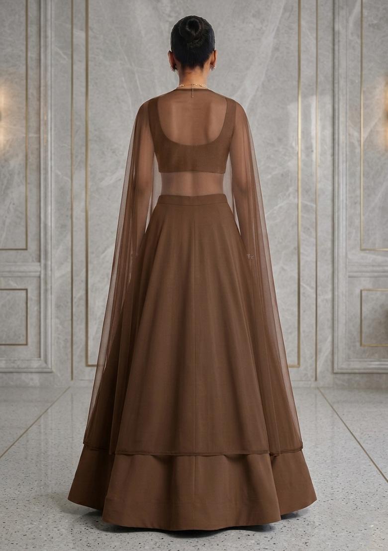 Brown  Hand Work Sleeveless Lehenga Set - Indya