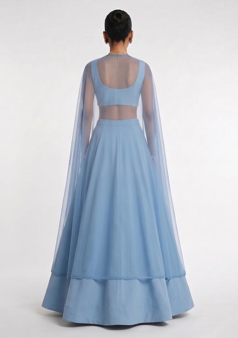 Pastel Blue Hand Work Sleeveless Lehenga Set - Indya