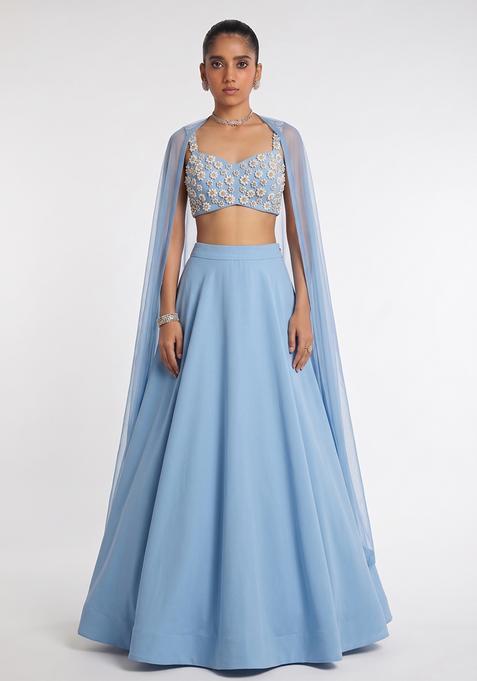 Pastel Blue Hand Work Sleeveless Lehenga Set