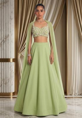 Green Hand Work Sleeveless Lehenga Set