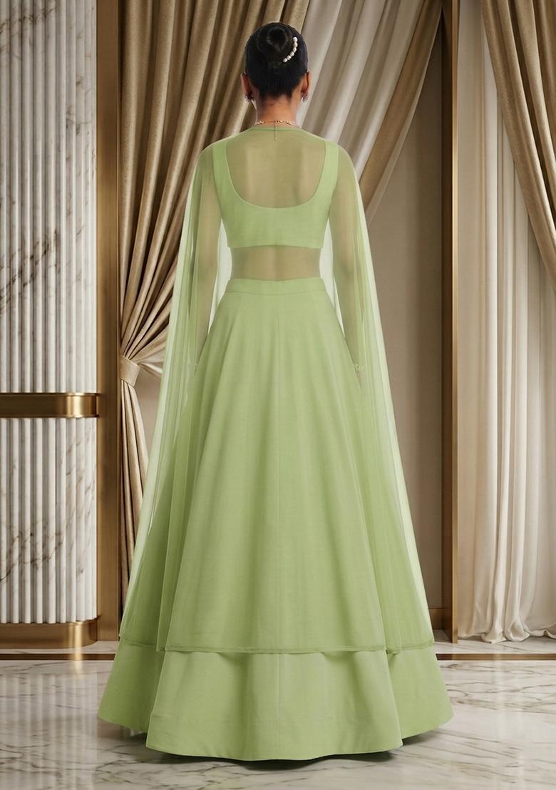 Green Hand Work Sleeveless Lehenga Set - Indya
