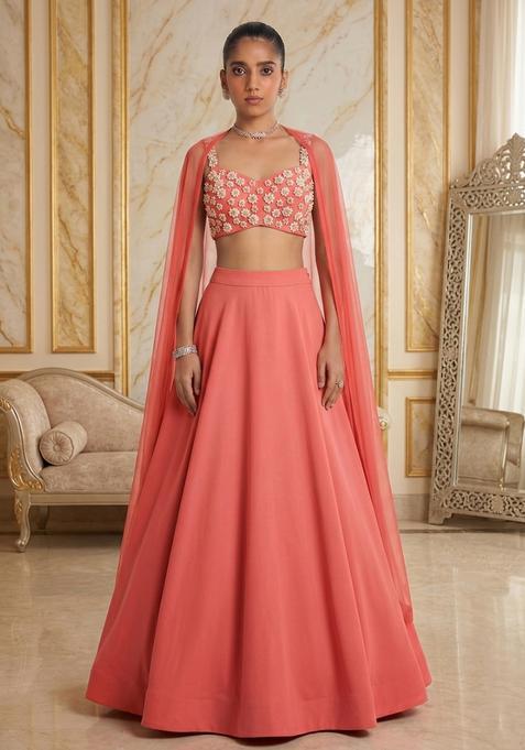 Coral Hand Work Sleeveless Lehenga Set
