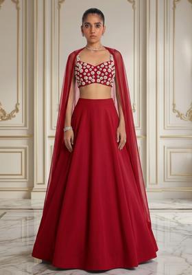 Red Hand Work Sleeveless Lehenga Set