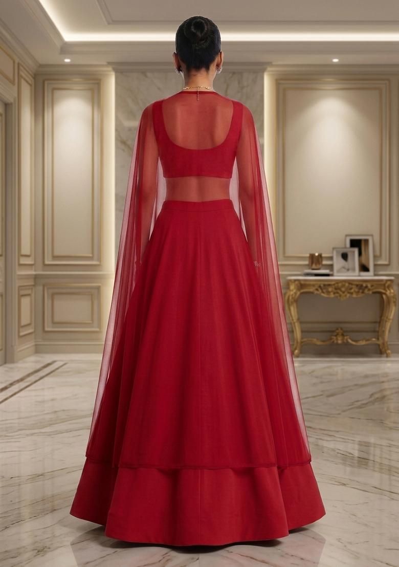 Red Hand Work Sleeveless Lehenga Set - Indya