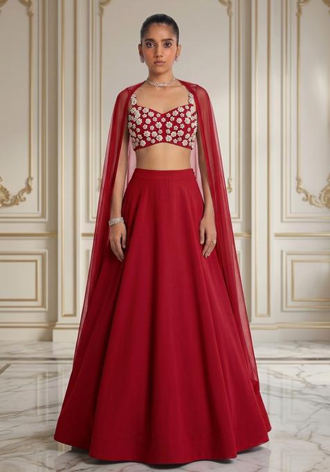 Red Hand Work Sleeveless Lehenga Set