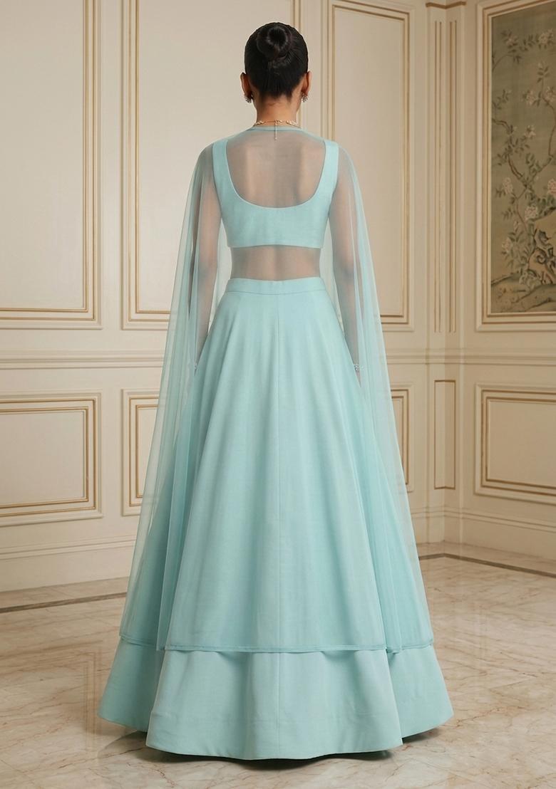 Light Blue Hand Work Sleeveless Lehenga Set - Indya