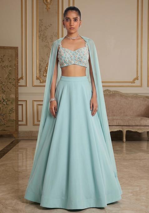 Light Blue Hand Work Sleeveless Lehenga Set