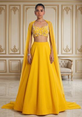Yellow Hand Work Sleeveless Lehenga Set