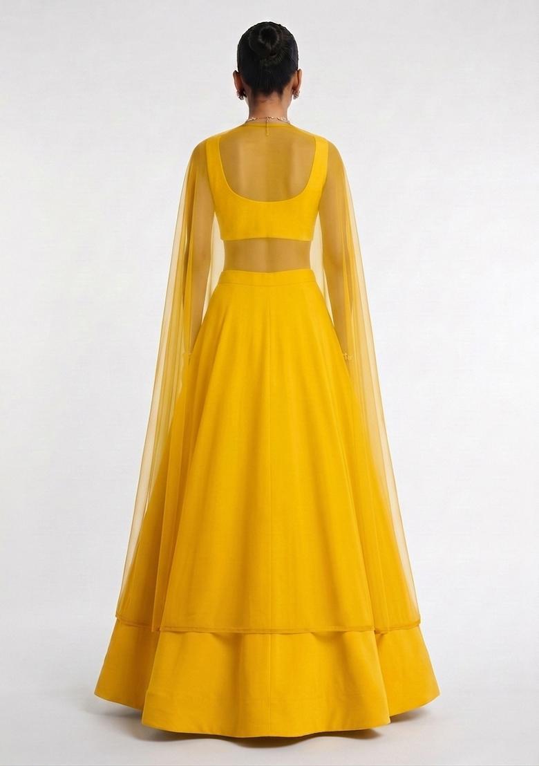 Yellow Hand Work Sleeveless Lehenga Set - Indya