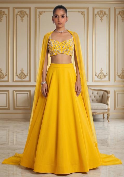 Yellow Hand Work Sleeveless Lehenga Set