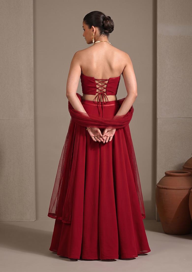 Red Hand Work Strapless Lehenga Set - Indya