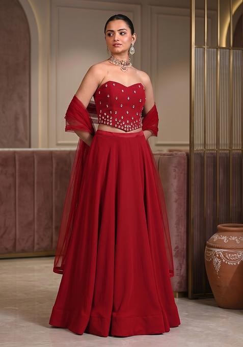 Red Hand Work Strapless Lehenga Set