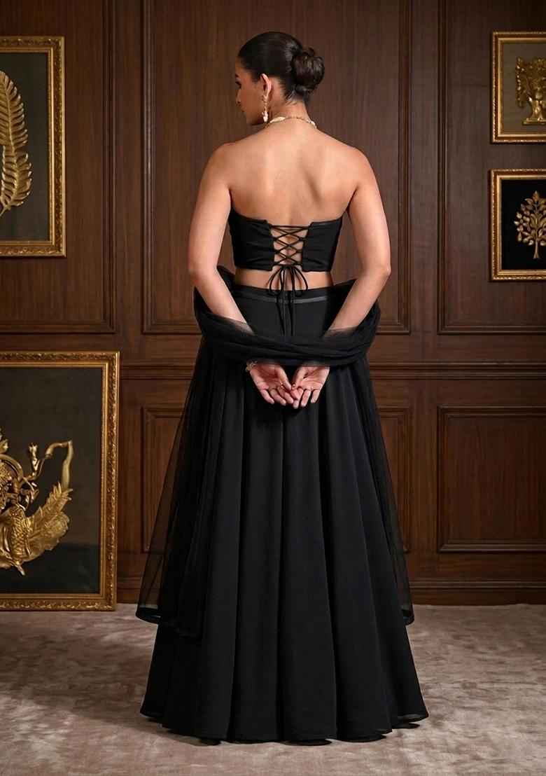 Black Hand Work Strapless Lehenga Set - Indya