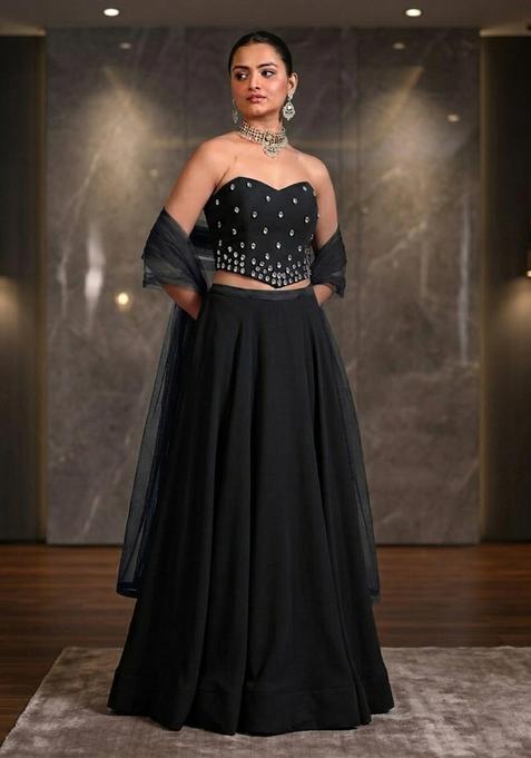 Black Hand Work Strapless Lehenga Set