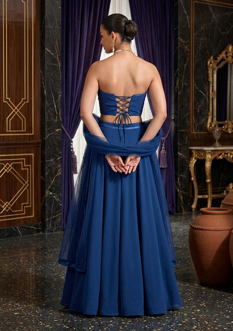 Dark Blue Hand Work Strapless Lehenga Set - Indya
