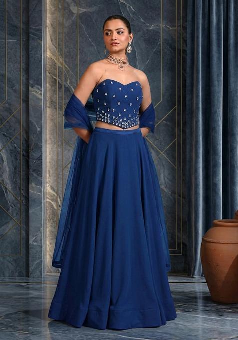 Dark Blue Hand Work Strapless Lehenga Set